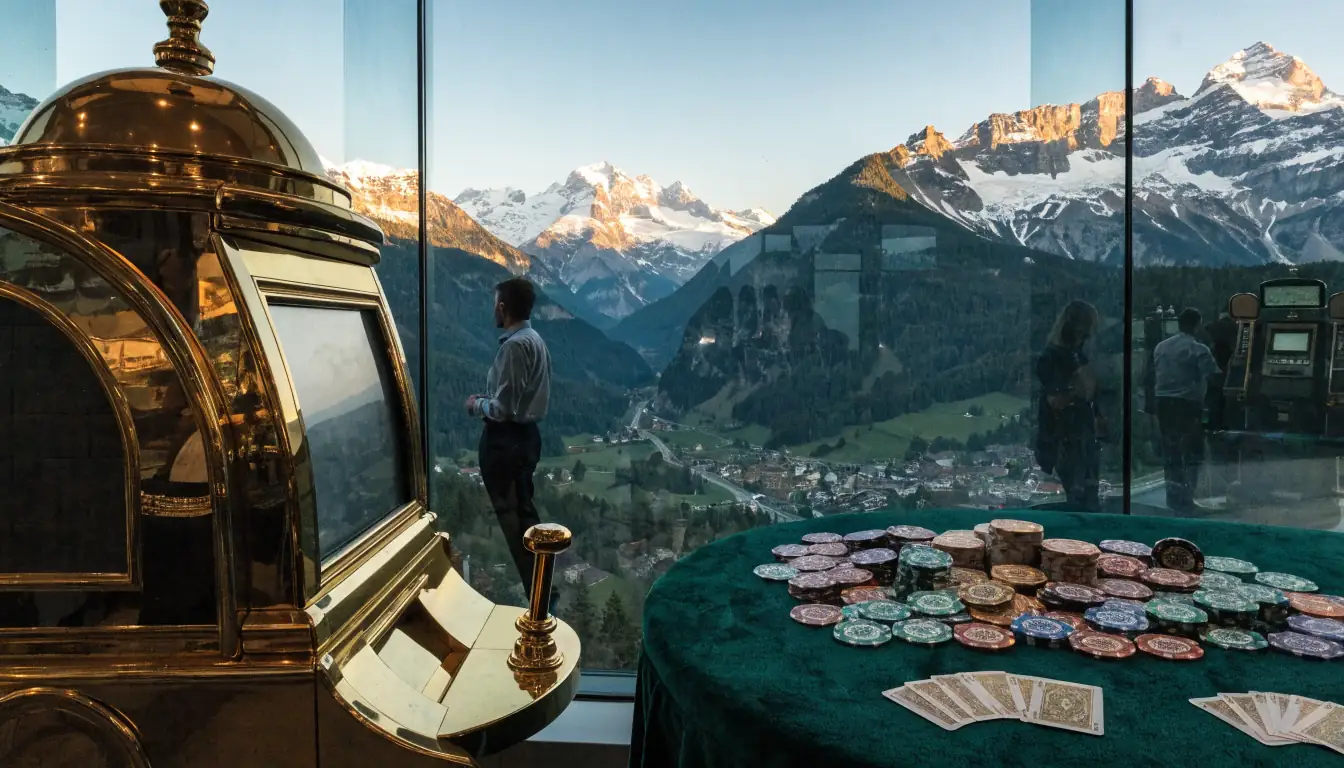 Schweizer Alpen mit Casino, goldenes Slotgerät, Spielchips