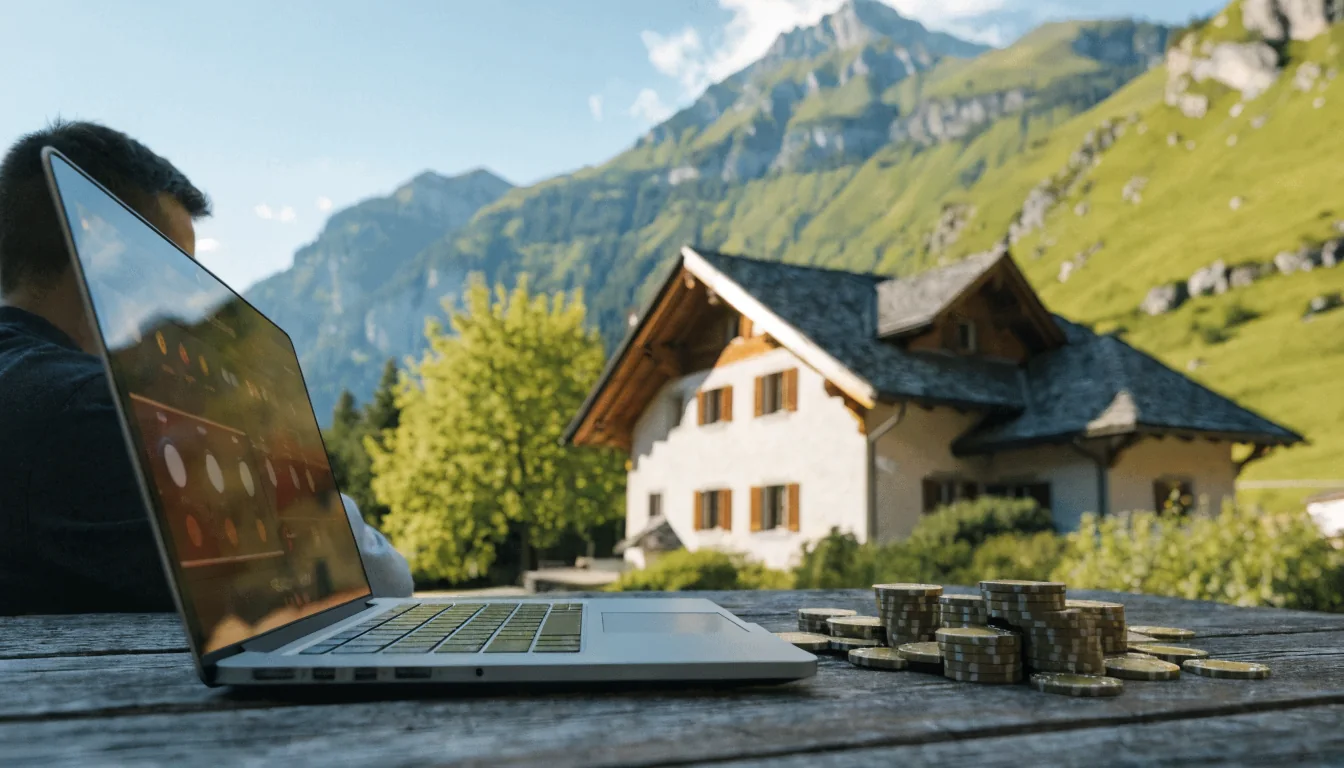 Schweizer Alpen, Chalet, Laptop mit verdecktem Casino‑Interface, goldene Chips