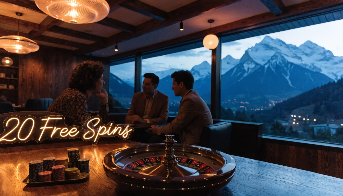 Schweizer Casino Lounge bei Sonnenuntergang mit Roulette und Chips