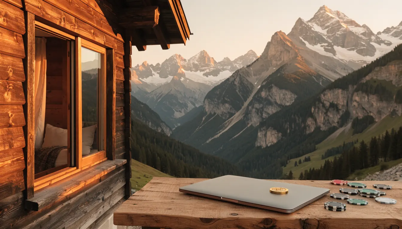Realistisches Foto einer Schweizer Berghütte mit Casino‑Accessoires.