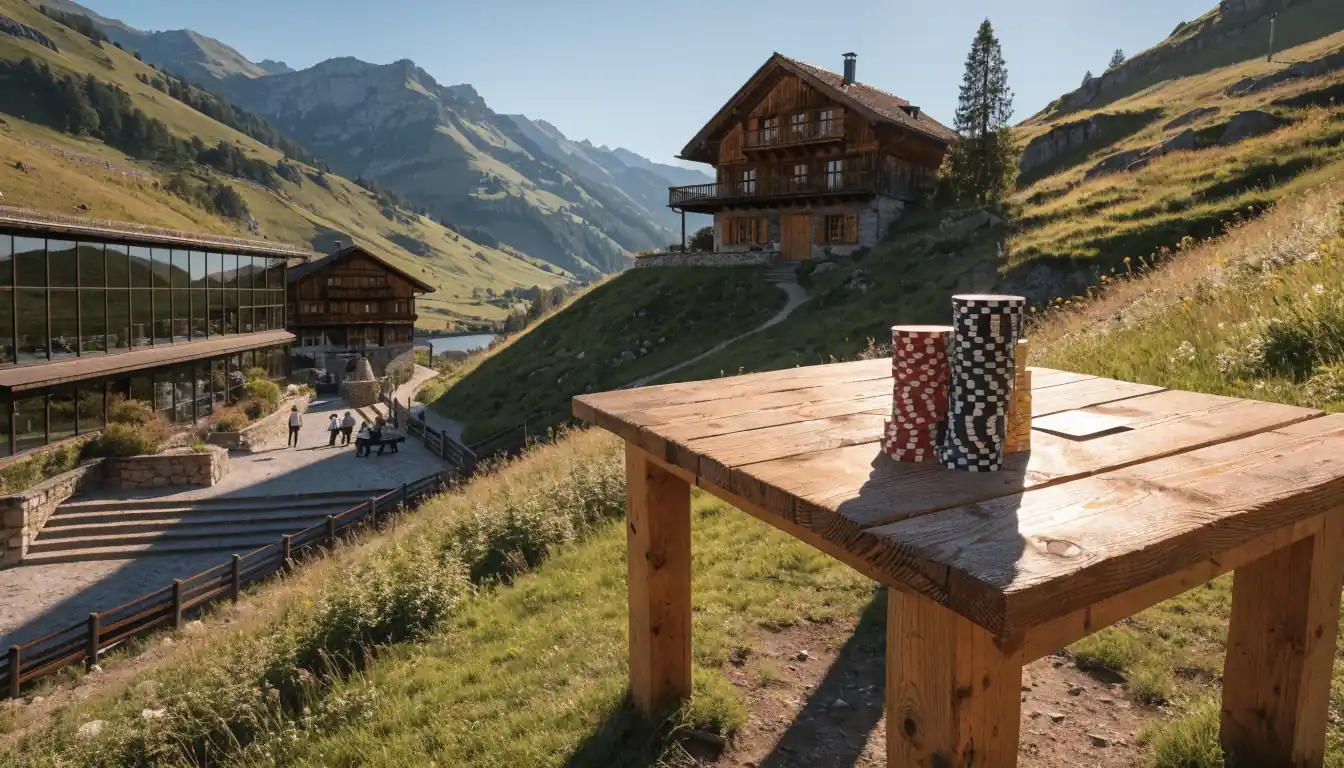 Schweizer Alpen, Chalet, Casino-Chips auf Tisch, sonniger Nachmittag