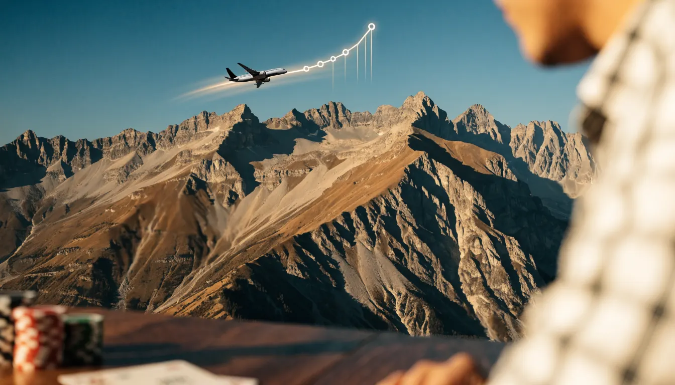 Flugzeug über den Schweizer Alpen mit Licht-Multiplikator, Casino-Chips im Vordergrund