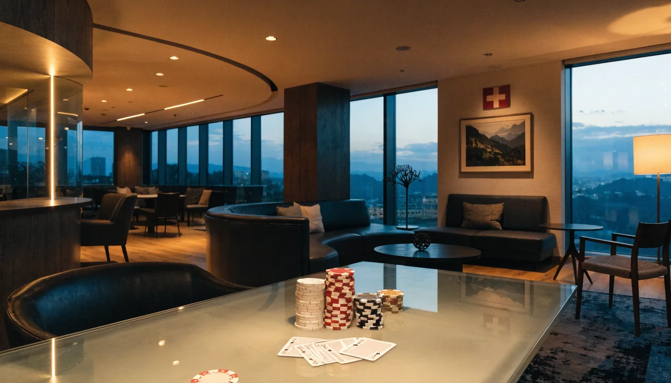 Elegantes Casino‑Interieur mit Chips und Schweizer Flagge