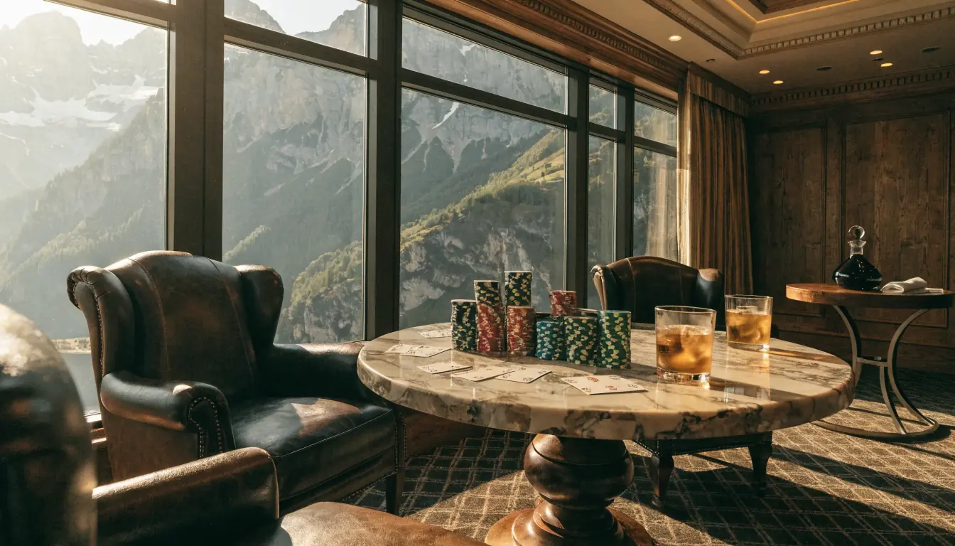 Luxuriöser Casinobereich mit Chips, Karten und Alpenblick