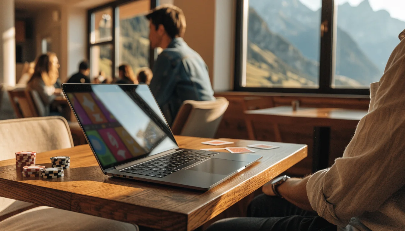 Schickes Schweizer Café mit Laptop, Casino-Chips und Alpenblick