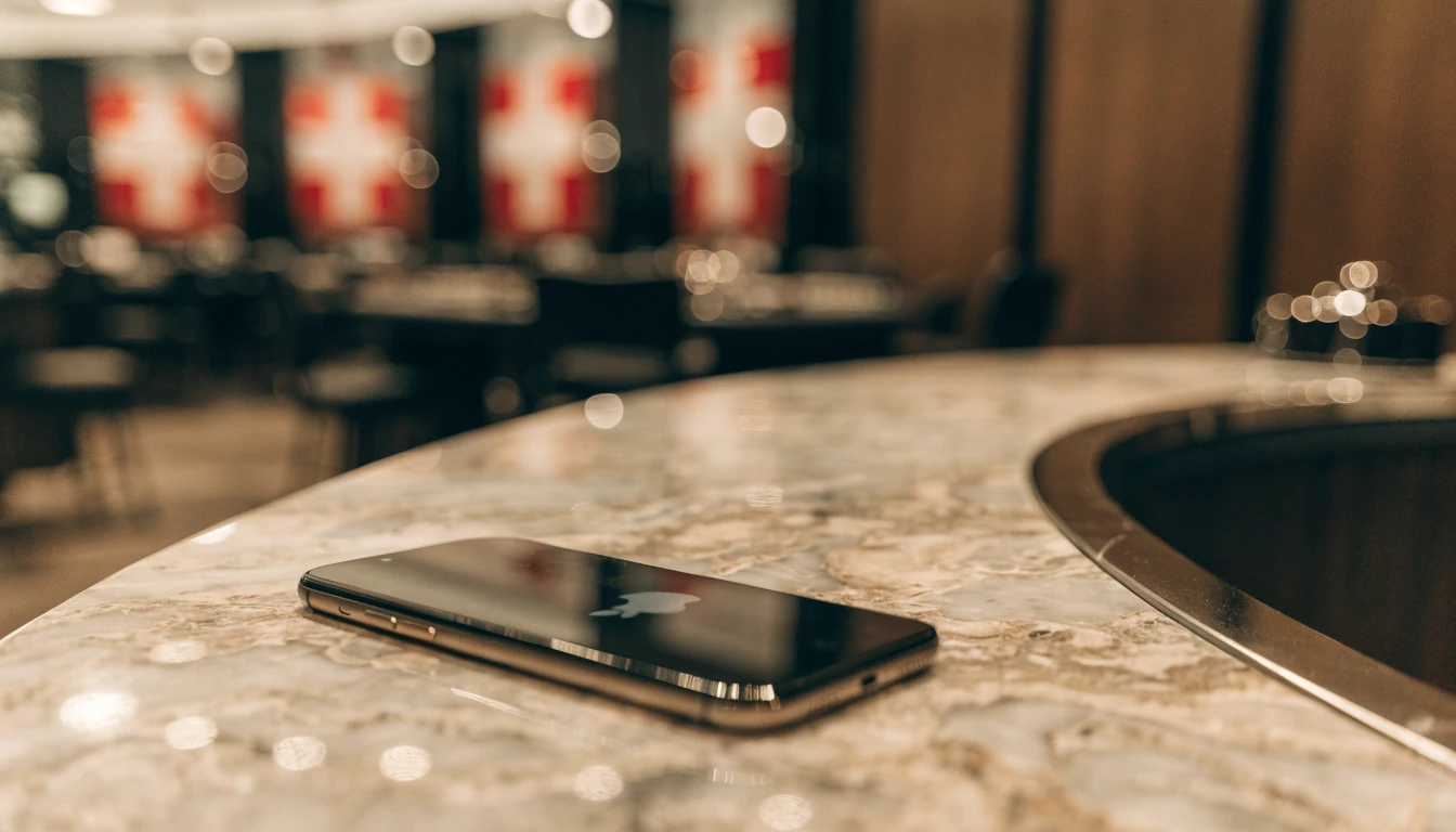Smartphone auf einem eleganten Casino‑Tresen, Schweizer Flagge im Hintergrund