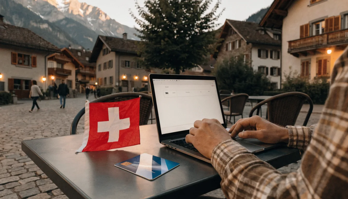 Laptop mit Casino-Zahlungsseite, MiFinity-Karte und Schweizer Flagge im Café.