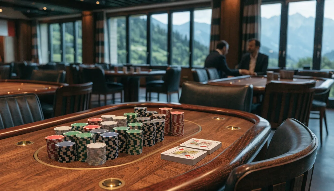 Modernes Schweizer Casino mit Spielchips und Alpenblick