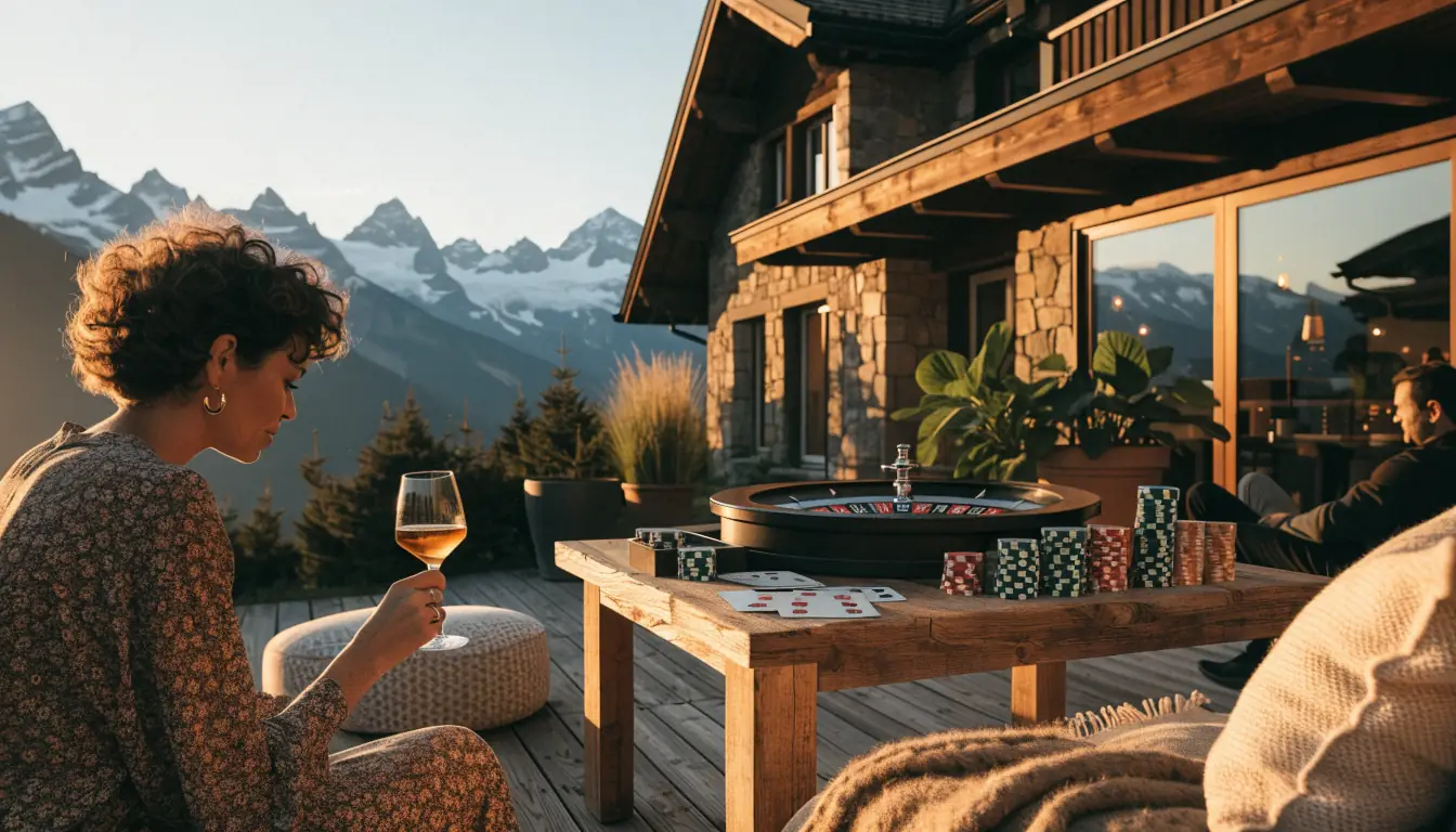Schweizer Chalet Terrasse bei Sonnenuntergang mit Casino-Chips und Roulette