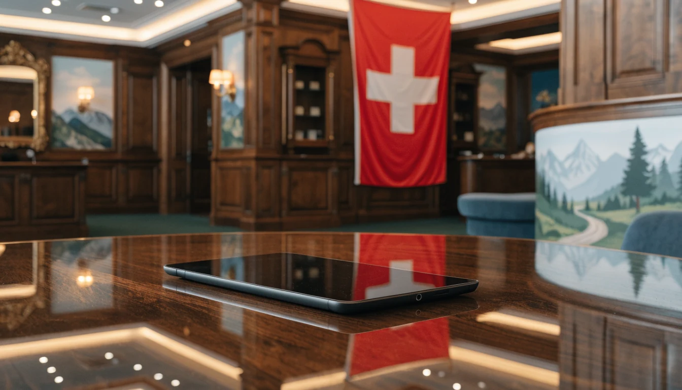 Realistisches Foto eines Schweizer Casinos mit Tablet und Alpine Dekor