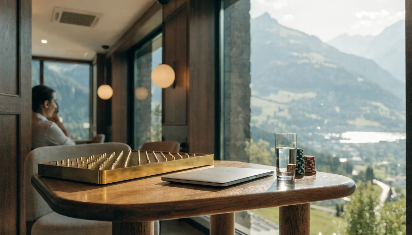 Schicker Swiss Casino Lounge mit Plinko Brett und Alpenblick