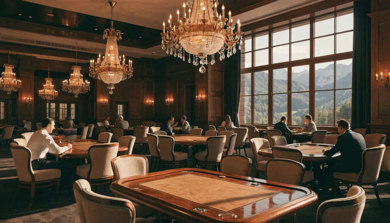 Luxuriöses Schweizer Casino mit Alpenblick und warmem Licht