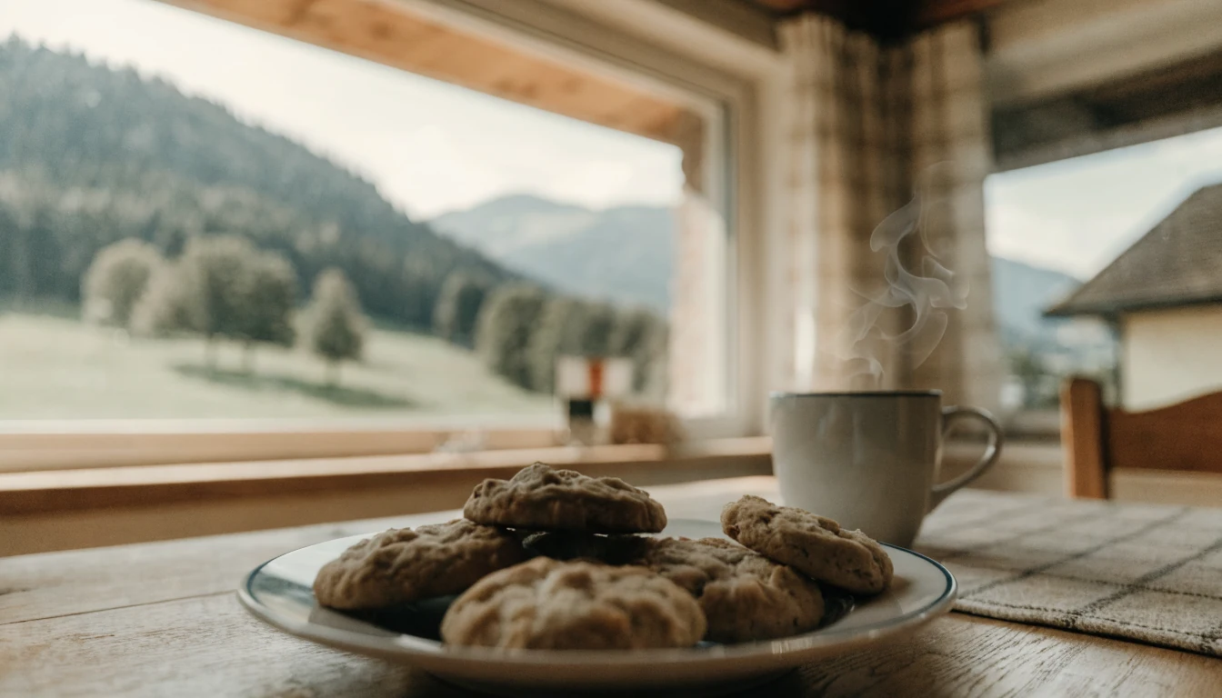 Schweizer Küchenfenster mit Teller Keks, Kaffee und Alpenblick