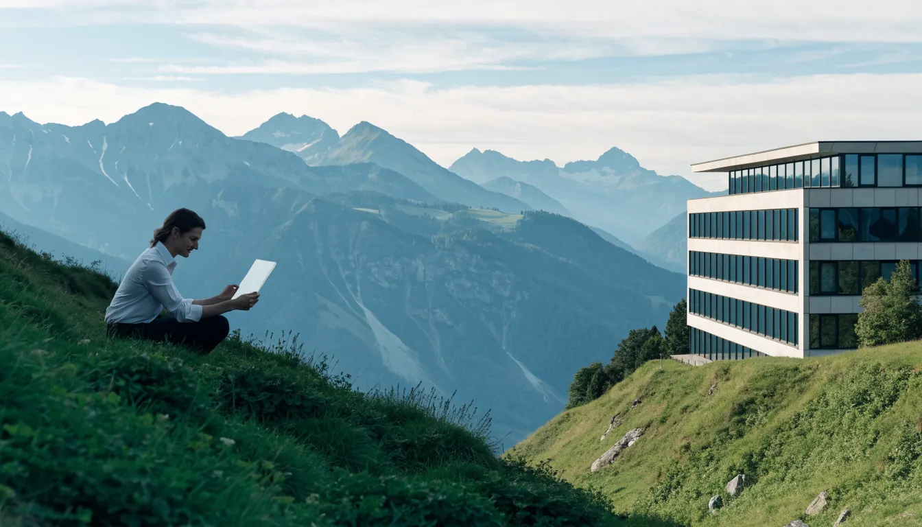Realistisches Foto einer Schweizer Alpenlandschaft mit einem Bürogebäude und einer Person mit abgeschirmtem Tablet.