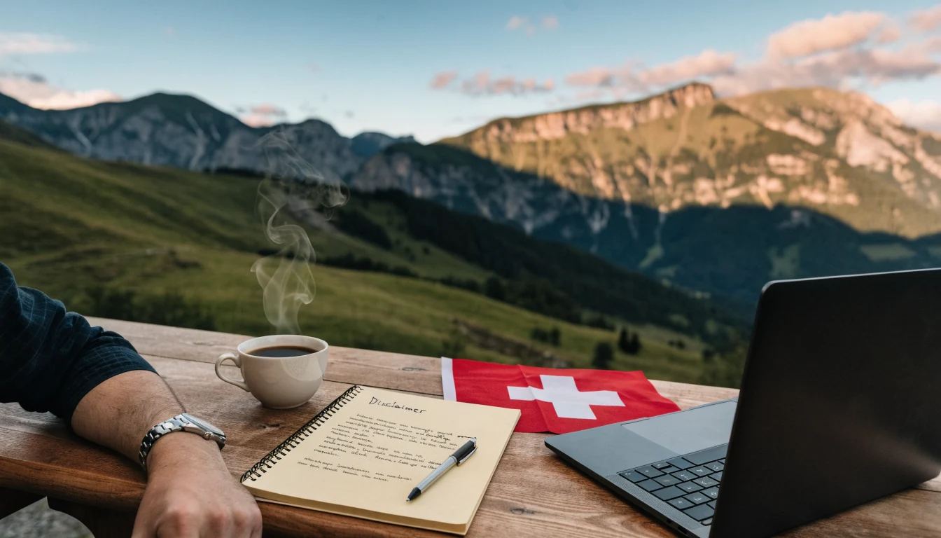 Schweizer Alpenlandschaft mit Schreibtisch und Disclaimer-Text