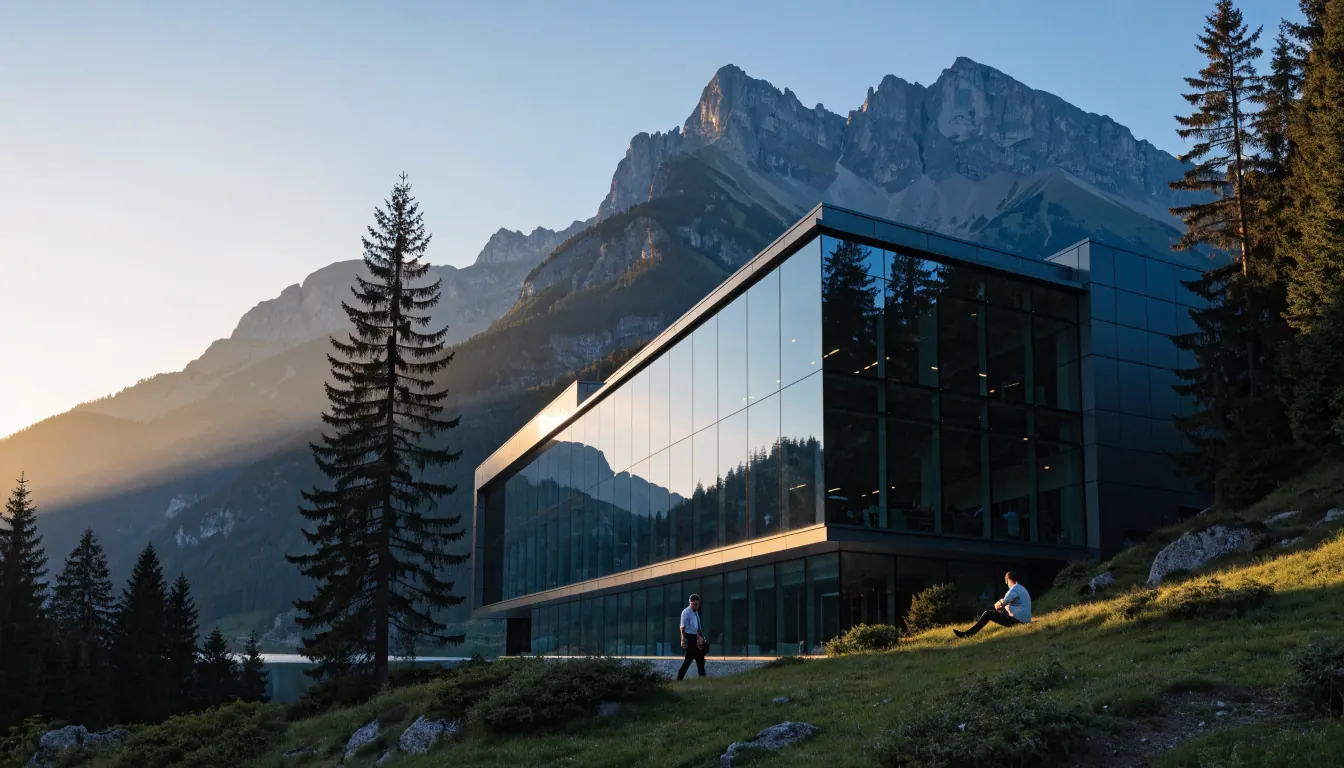 Schweizer Alpen mit modernem Casino im Tal
