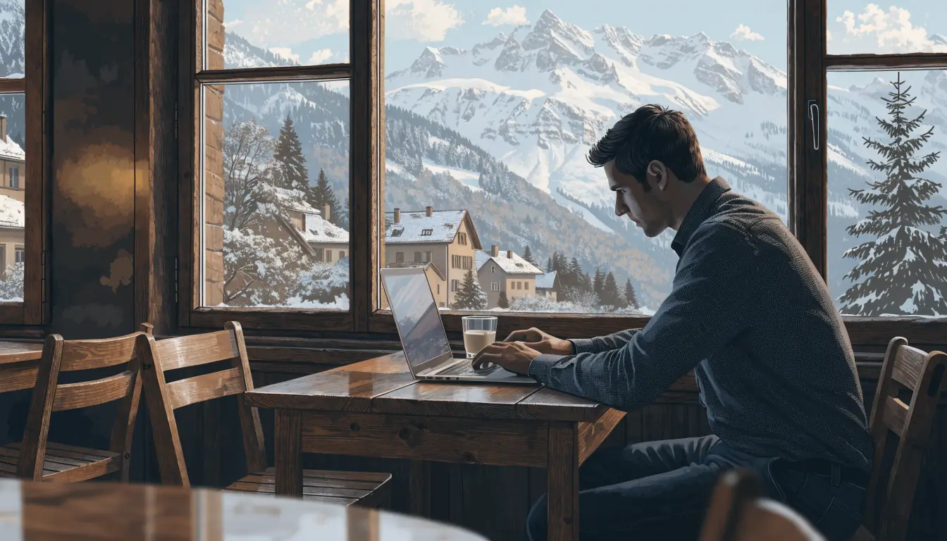 Person arbeitet am Laptop im Schweizer Café