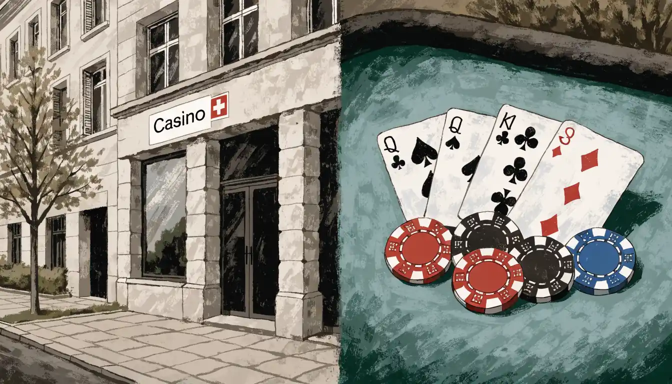Casino‑Eingang und Spieltischchips nebeneinander