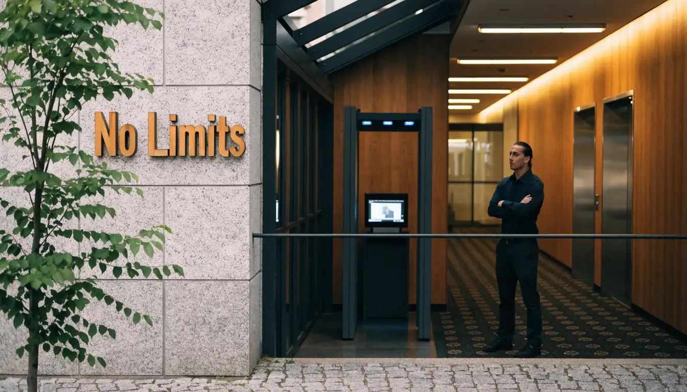 Casino‑Eingang mit „No Limits“-Schild und Sicherheit