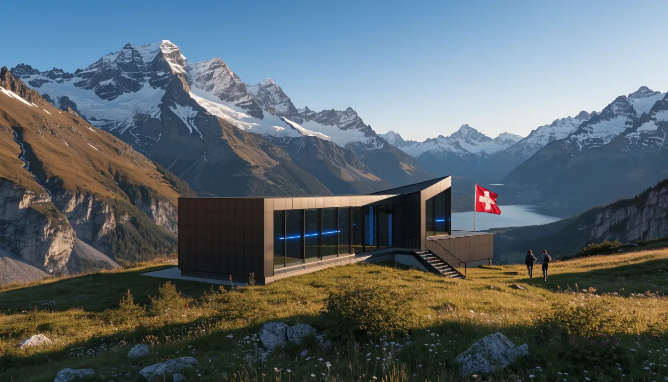 Realistisches Foto einer Schweizer Almhütte mit dezentem neonblauem Licht, das Kryptowährung symbolisiert.