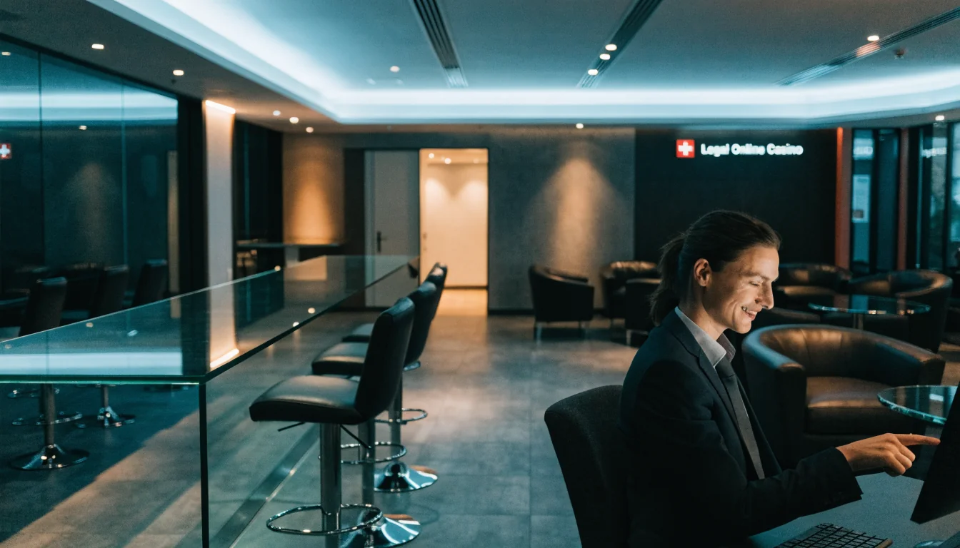 Realistisches Foto einer eleganten Schweizer Casinolounge mit Glasbar und Legal‑Online‑Casino Hinweis