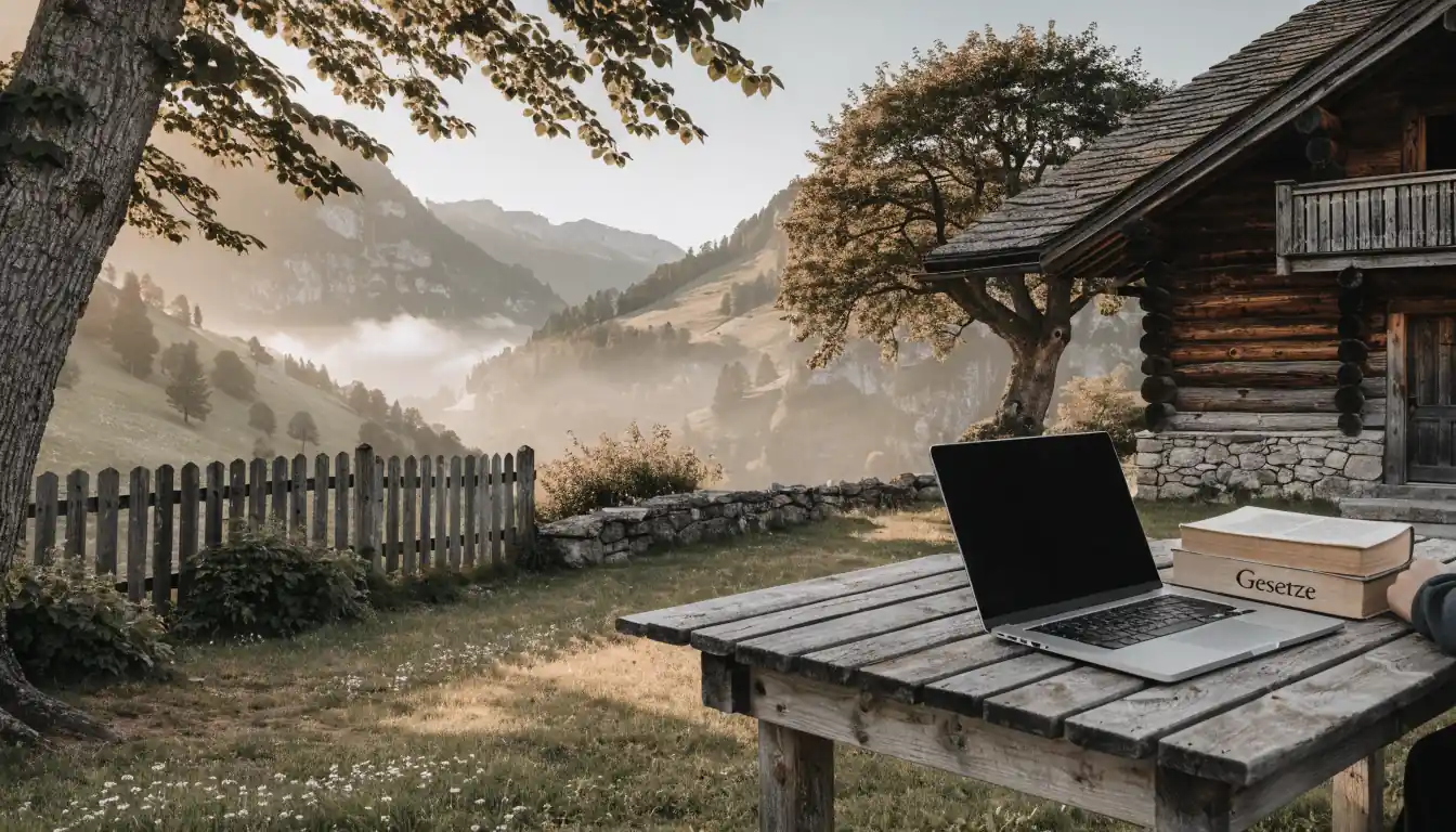 Realistisches Foto einer Schweizer Alpelandschaft mit Chalet und Laptop.