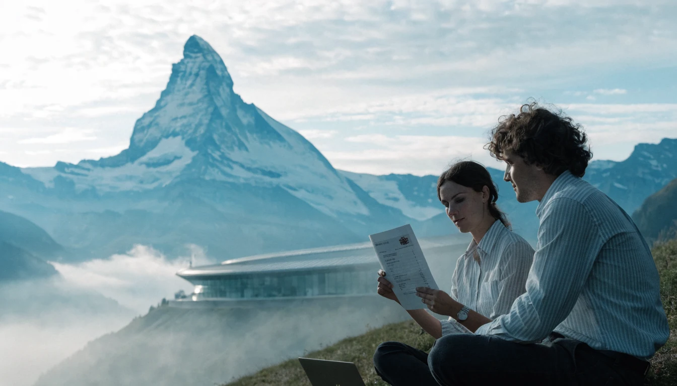 Realistisches Foto einer schweizerischen Berglandschaft mit Casino und Rechnung