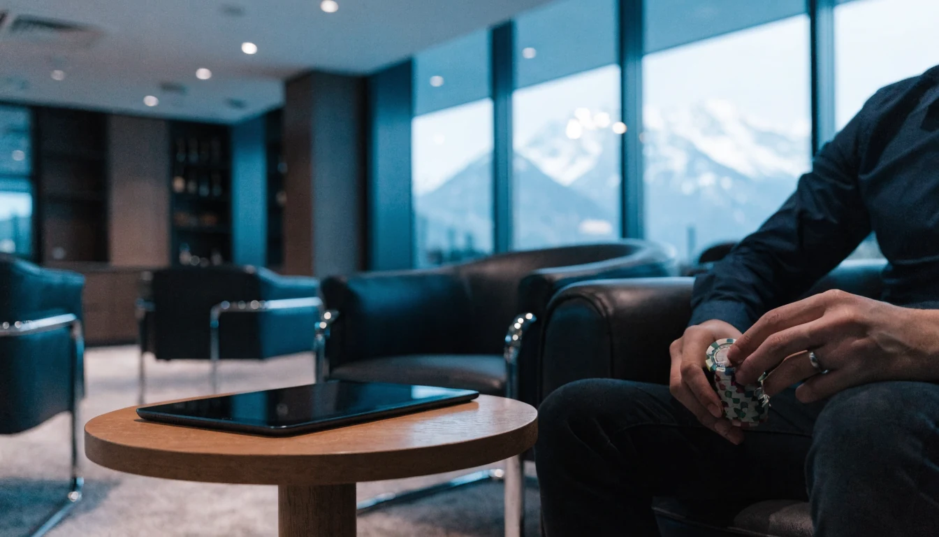 Modernes Casino‑Interieur mit Alpenblick, Handy abgewandt, Chips auf Tisch