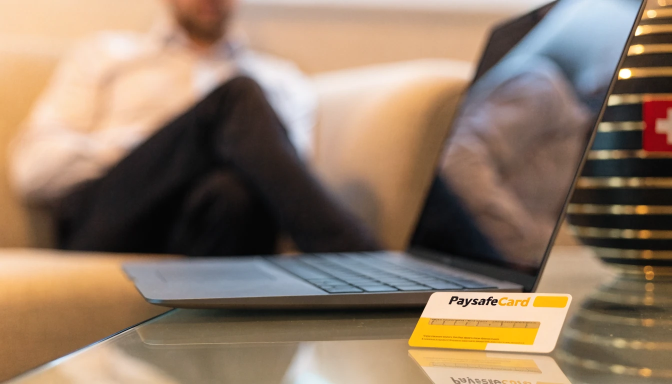 Realistisches Foto eines Schweizer Wohnzimmers mit Laptop und Paysafecard.