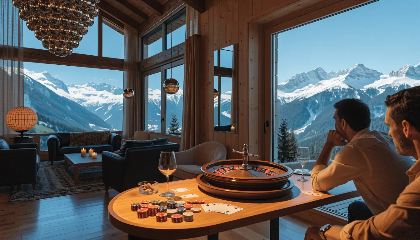 Luxuriöses Schweizer Chalet mit Casino-Accessoires und Alpenblick