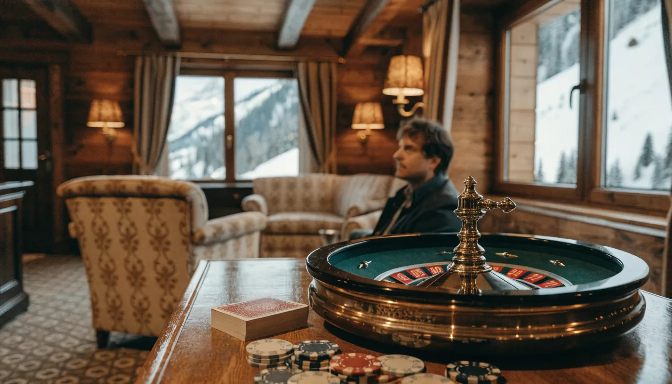 Gemütlicher Chalet‑Innenraum mit Casino‑Accessoires