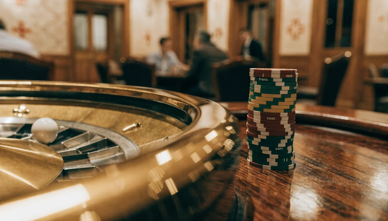 Realistisches Foto eines Schweizer Casinos mit Roulette‑Rad und niedrigen Chipwerten