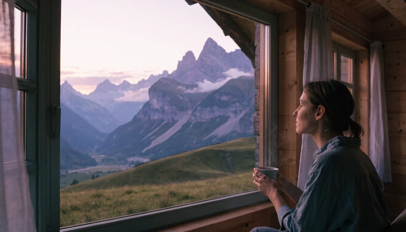 Beruhigende Schweizer Berglandschaft bei Dämmerlicht, Person mit Tee schaut nachdenklich.